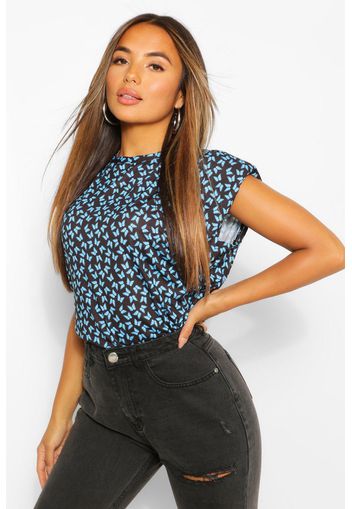 Petite Butterfly Print Shoulder Pad T-Shirt, Nero