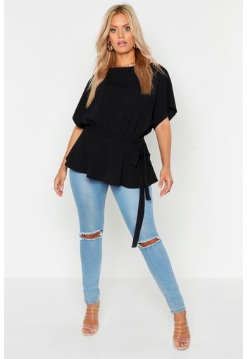 Plus Slash Neck Tie Waist Peplum Hem Top, Nero