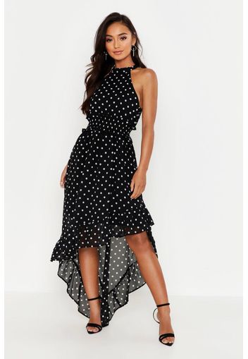 Petite Polka Dot High Neck Shirred Waist Maxi Dress, Nero