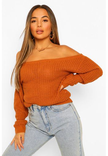 Abito pullover in maglia goffrata con spalle scoperte Petite, Arancio