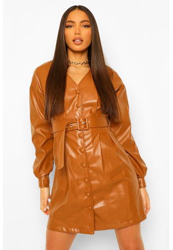 Tall Pu Belted Long Sleeve Mini Dress, Brown