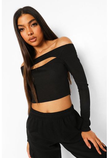 Tall Rib Cut Out Off Shoulder Top, Nero