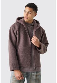 Oversized Boxy Boucle Borg Zip Thru Hoodie, Brown