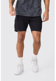Elastic Waist Black Skinny Fit Cargo Shorts, Nero