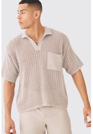 Oversized Boxy Open Stitch Polo With Pocket In Stone, Beige