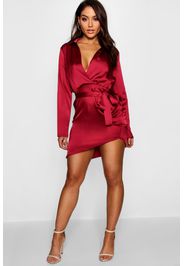 Satin Wrap Detail Dress, Rosso