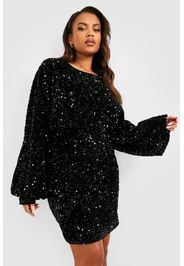 Plus Oversized Blouson Sleeve Sequin Mini Dress, Nero