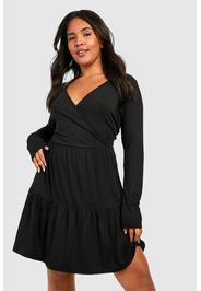 Plus Ribbed Tiered Wrap Dress, Nero