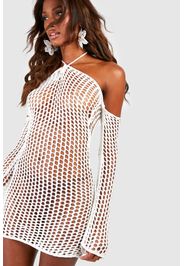 Halterneck Open Crochet Mini Dress, Bianco