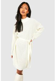 High Neck Belted Knitted Mini Dress, Bianco