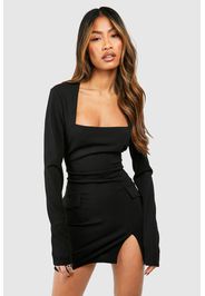 Crepe Square Neck Pocket Detail Mini Dress, Nero