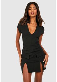 Crepe Plunge Front Pocket Detail Mini Dress, Nero