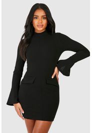 Crepe High Neck Pocket Detail Mini Dress, Nero