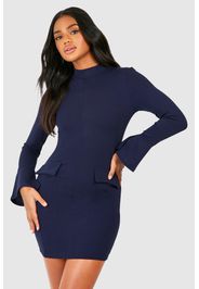 Crepe High Neck Pocket Detail Mini Dress, Navy