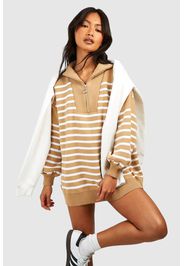 Half Zip Funnel Neck Stripe Jumper Dress, Beige