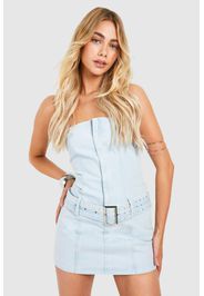 Belted Bandeau Denim Mini Dress, Bianco