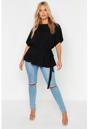 Plus Slash Neck Tie Waist Peplum Hem Top, Nero