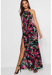 Tall maxi abito a schiena nuda con spacco anteriore e motivo tropicale, Rosa