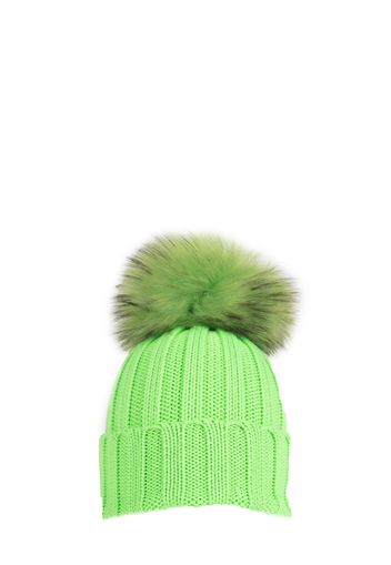 Cappello Verde In Lana Con Pompon