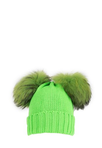 Cappello Verde In Lana Con Due Pompon