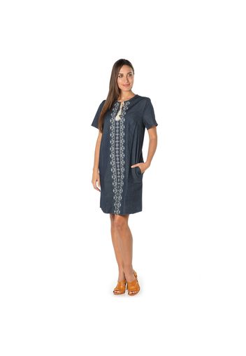 Abito in chambray di cotone con ricamo e nappine sul davanti