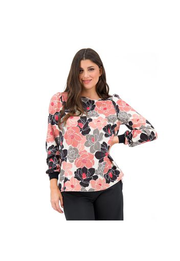 Blusa in raso fantasia fiori e scollo a barchetta