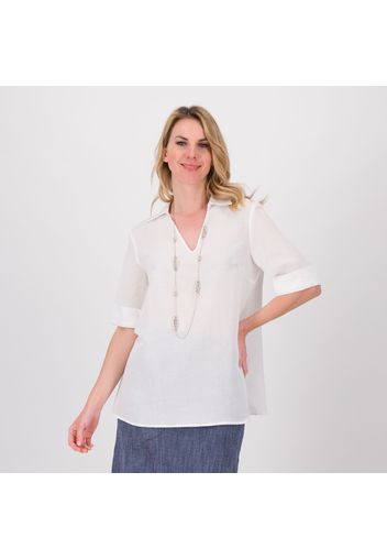 Blusa in viscosa e lino a maniche corte con scollo a polo