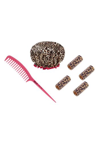 Kit 4 bigodini leopardati, cuffia leopardata e pettine a coda