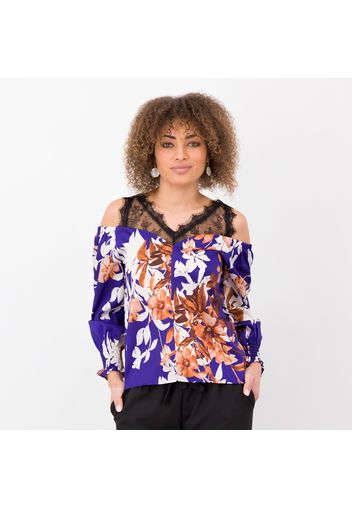 Blusa raso fantasia con pizzo e apertura sulle spalle