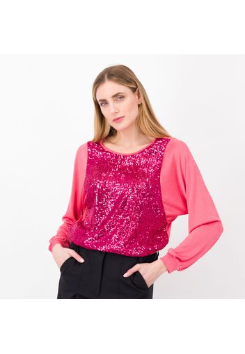 Maglia in jersey lucido con paillettes e manica a balloon