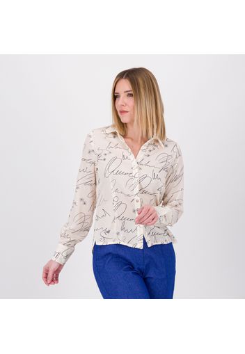 Camicia in raso fantasia scritte con maniche lunghe