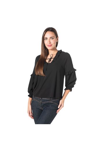 Blusa in crêpe con scollo e maniche con rouches