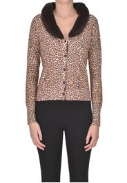 Cardigan animalier con collo in ecopelliccia