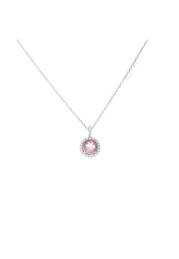 Collana in oro bianco con topazio pendente forma tonda rosa e contorno zirconi per Donna