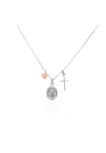 Collana in argento bicolore con ciondoli Rosa, Madonna e Croce per Donna