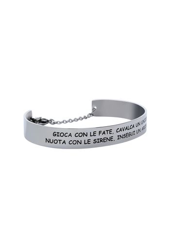 Bangle âGioca con le fate, cavalca un unicorno, nuota con le sirene, insegui un arcobalenoâ in acciaio rodiato per Donna