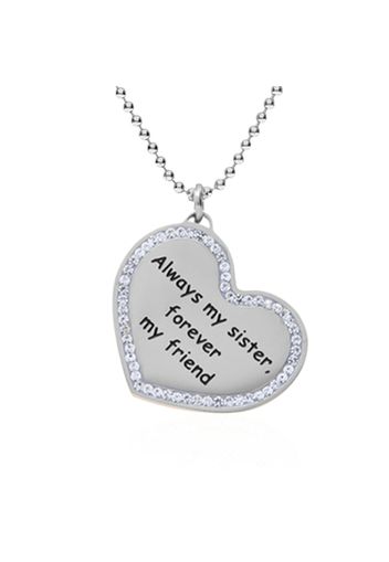 Collana in acciaio rodiato e strass a forma di cuore âAlways my sister, forever my friendâ per Donna