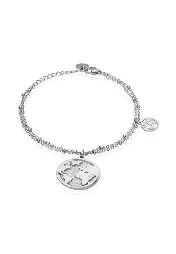 Bracciale in acciaio rodiato con charm mondo con glitter per Donna