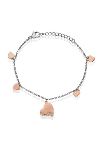 Bracciale cinque charm cuore in acciaio bicolore e strass per Donna