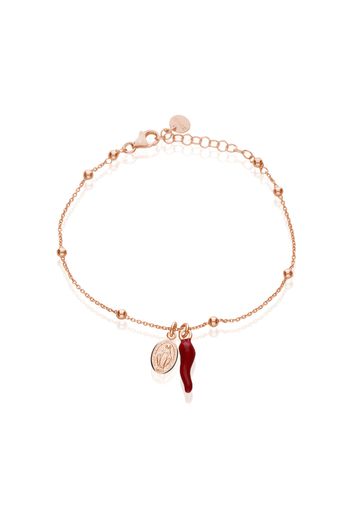 Bracciale in argento rosato con pallina, charm cornetto e madonna per Donna