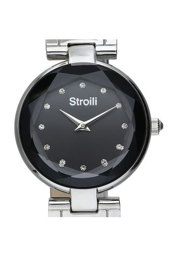 Orologio solo tempo con cinturino in pelle nero, cassa in acciaio silver per Donna