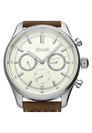 Orologio multifunzione con cinturino in pelle marrone, cassa in acciaio silver per Uomo