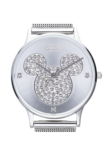 Orologio solo tempo con cinturino maglia milanese e cassa in acciaio silver, quadrante con Topolino con strass per Donna