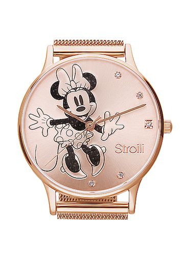 Orologio solo tempo con cinturino maglia milanese e cassa in acciaio rosato, quadrante con Minni con glitter e strass per Donna