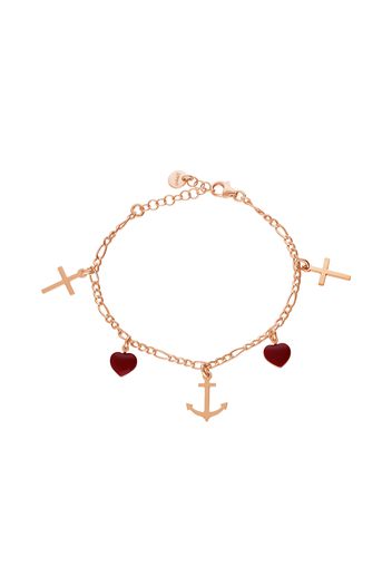 Bracciale in argento rosato con cuore rosso e croce pendenti per Donna