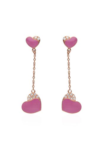 Orecchini pendenti in acciaio rosato con cuore pendente fucsia con strass per Donna