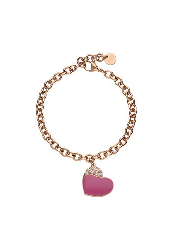 Bracciale in acciaio rosato con cuore pendente fucsia con strass per Donna