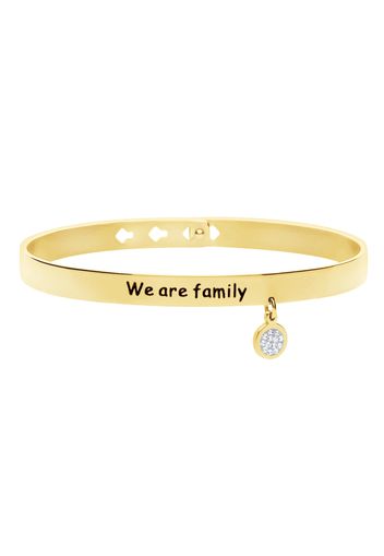 Bracciale rigido in acciaio dorato âWe are familyâ con pendente con strass per Donna