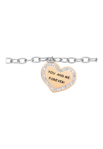 Bracciale in acciaio ciondolo cuore rosato âYou and me forever!â con strass per Donna