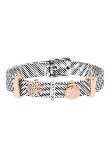 Bracciale maglia milanese in acciaio bicolore e strass con sole e coccinella per Donna